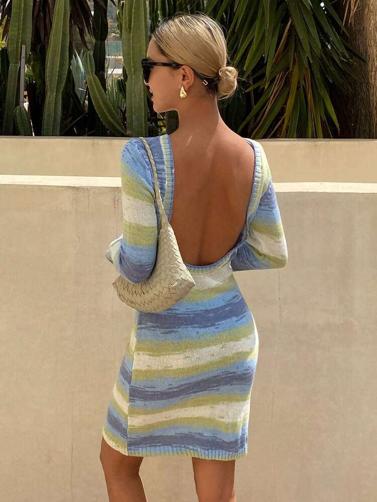 Striped Backless Beach Vacation Knit Dress For Women, Summer