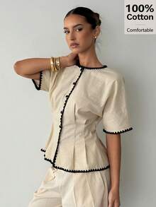 Siren Gaze 女士撞色滚边纽扣领衬衫，夏季休闲风 - 杏色 - 查看 5