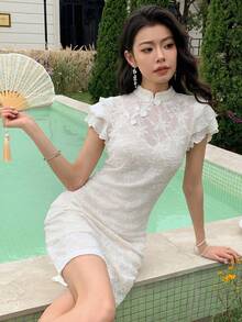 EastFlair 女士立领蕾丝休闲约会派对连衣裙 - 白色 - 查看 1