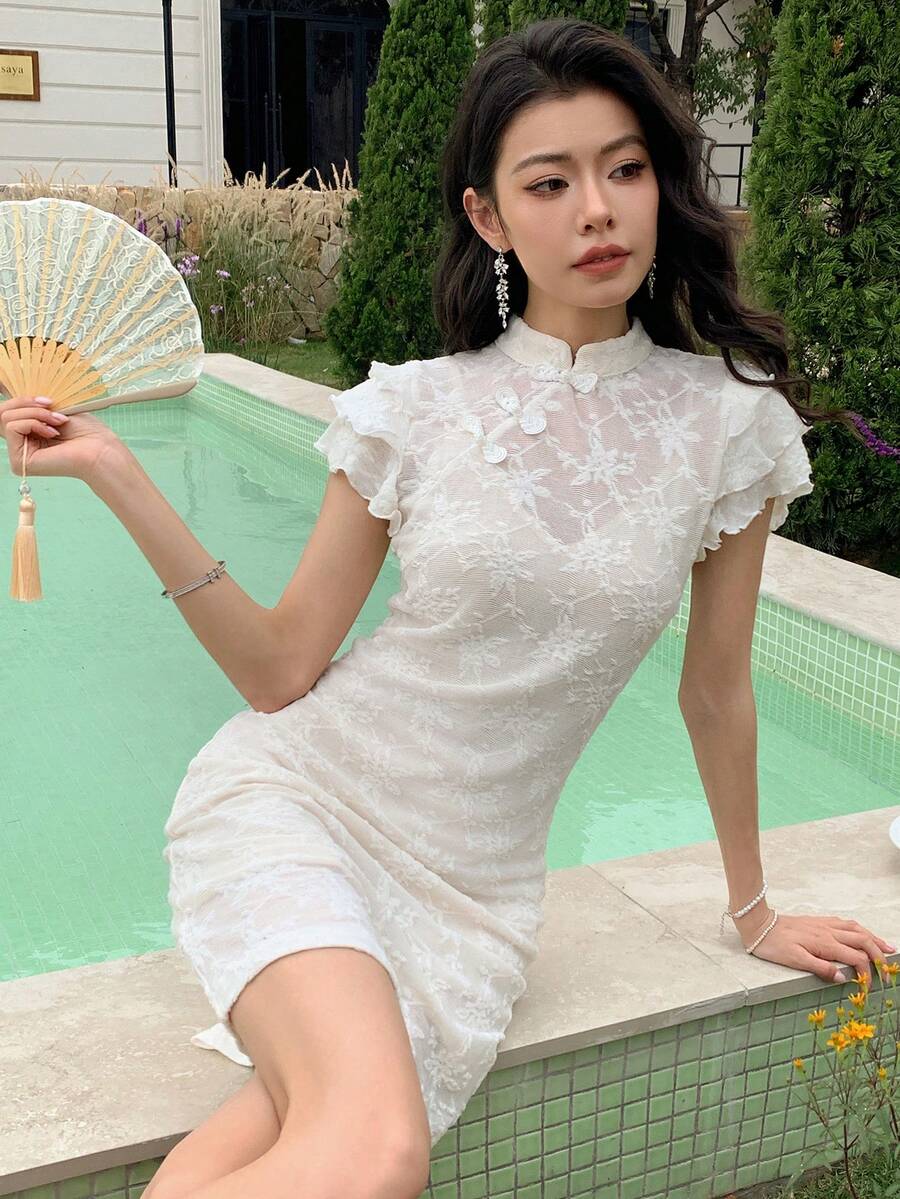 EastFlair 女士立领蕾丝休闲约会派对连衣裙 - 白色 - 查看 1