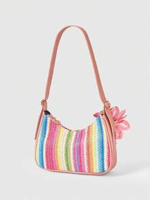 ROMWE Fairycore A Set Of Floral Crocheted Beach Handbags And Accessories, Stylish Personalized Beach Resort Style Shell Lace Lady Messenger Bag - Straw bag rainbow pink - View 6