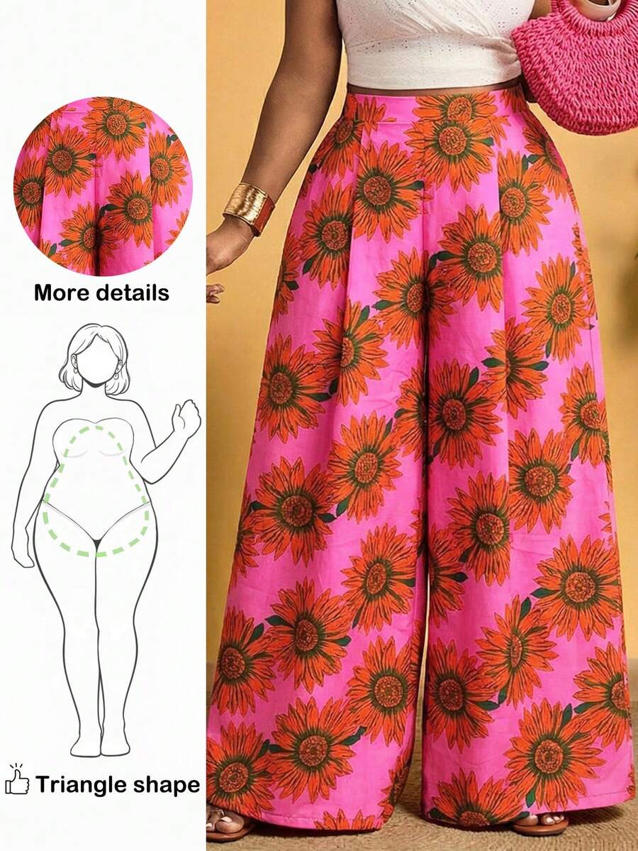 Truni Pantalones anchos casuales de mujer de talla grande con estampado floral colorido, adecuados para vacaciones de primavera/verano, apropiados para vacaciones y citas - Multicolor - Ver 1