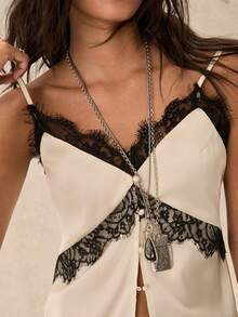 Easelle Áo camisole nữ phối ren, kiểu dáng thường ngày, đa năng, thích hợp cho buổi hẹn hò hoặc buổi tối. - Đen và trắng - Xem 7