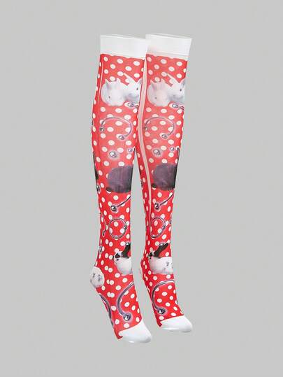 ROMWE Grunge Punk Vớ cao đến đầu gối họa tiết thỏ chấm bi phong cách Y2K Punk của nhóm Spice Girls - Vớ in hình thỏ dễ thương và có lỗ thoáng khí, phù hợp cho phong cách thời trang cá tính, đi chơi, dự tiệc, mua sắm và chụp ảnh, v.v.