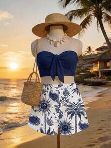 Soleia Ensemble 2 pièces imprimé cocotier et fleur de cajou pour femmes grandes tailles, idéal pour les vacances, l'été, chic - Bleu marine - Voir 6