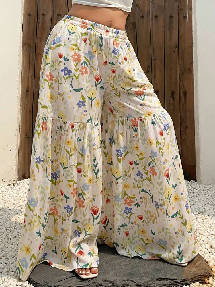 Dazy Plus Women's Lightweight Ditsy Floral Loose Wide Leg Pajama Pants, Elegant Plus Size Home Wear For Spring & Summer