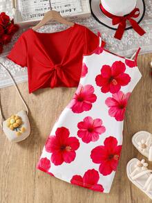 SHEIN Vintaside Kids Bộ 2 món cho bé gái tuổi teen, kiểu dáng mùa hè, họa tiết hoa, gồm áo hai dây và áo khoác. - Đỏ - Xem 3