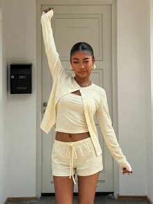 Muchica Mustard Striped Knit Women Top & Shorts Set - Pale Yellow - View 7