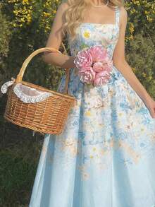 SHEIN MOD Đầm nữ thanh lịch in hoa, dây mảnh, dài ngang gối. - Màu xanh ngọc - Xem 3