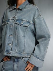 Denimoi Chaqueta vaquera con botones delanteros y cuello, de talla grande y puños, para otoño e invierno, estilo denim sobre denim - Lavado ligero - Ver 6