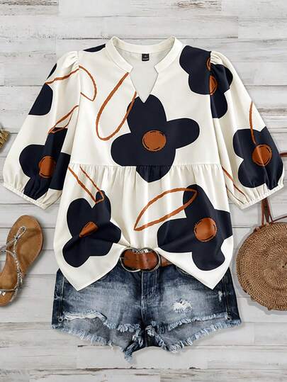 Linhara 大码女式V领印花衬衫，夏季女装