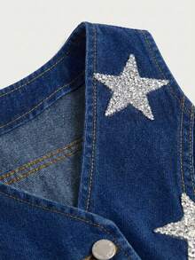SHEIN Girlism Áo gile denim không tay phong cách thường ngày cho bé gái tuổi teen, trang trí sequin họa tiết sao, mặc mùa xuân hè đi biển nghỉ dưỡng - Rửa tối - Xem 4