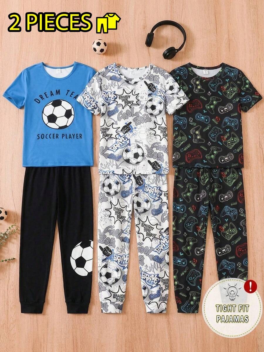2pcs/Set Teen Boys' Tight-Fitting Loungewear Set, Football Print Short Sleeve Top And Long Pants, Comfortable Casual Sleepwear, Fashionable Sportswear Style, Cool Homewear For Boys - Multicolor - View 1