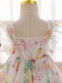 SHEIN Glamorique Kids Đầm peplum sang trọng, thanh lịch, duyên dáng, tay ngắn, thắt eo dành cho bé gái, trang phục dự tiệc. - Màu be - Xem 8
