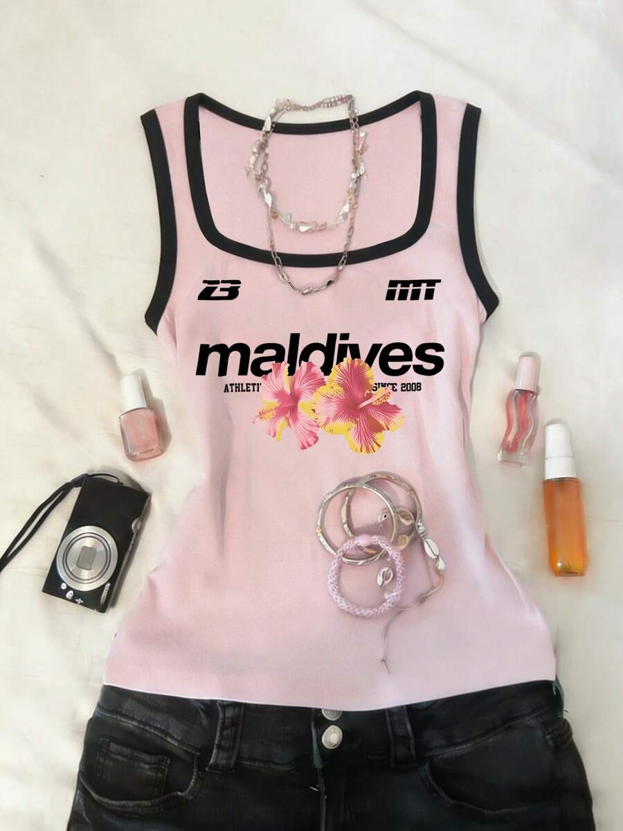 Glimmora Women's Letter Print Contrast Trim Camisole - Multicolor - View 1