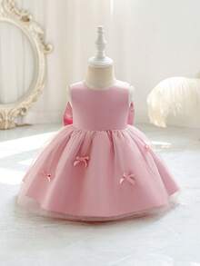 SHEIN Glamorique Kids 女婴花童伴娘礼服，婚礼，花童，优雅，大蝴蝶结，生日拍照服装，生日派对，适合正式场合，春季 - 粉色 - 查看 3