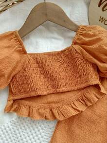 SHEIN Babygirl Summer Cute Solid Color Short Sleeve Top And Pants Set - Orange - View 5