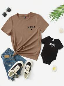 SHEIN Maternity Round Neck Letter Print Pleated Casual Versatile Daily Wear Short Sleeve T-Shirt - Coffee Brown - View 2