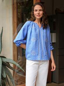 Dayvera 休闲乡村风蓝色碎花系领衬衫，优雅长袖夏季女式上衣，春季度假穿搭，女士上衣和衬衫，女士休闲现代职业衬衫，夏季女式衬衫 - 藍色 - 查看 8