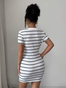 Elenzga Đầm hè mới cho nữ, trang phục đi nghỉ mát thường ngày, đầm dự tiệc, trang phục lễ hội năm 2026, đầm đi biển, đầm đi biển thanh lịch, đầm ôm dáng thường ngày, đầm chữ A tay ngắn kẻ sọc đen trắng cổ điển gợi cảm lãng mạn. - trắng - Xem 4