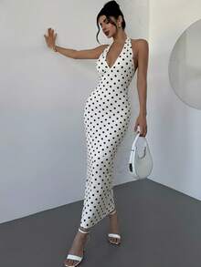 Firerie 新款春夏优雅浪漫复古波点印花V领收腰修身长款连衣裙，适合约会、度假、日常出行 - 米色 - 查看 7