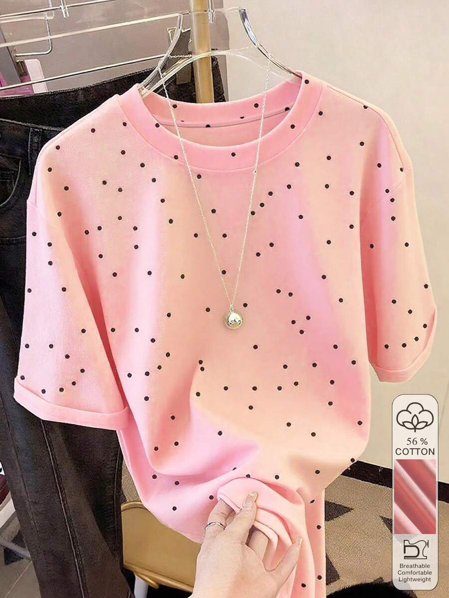 Resyla 圓點數位印花時尚簡約 56% 女款圓領短袖 T-Shirt,送給朋友的禮物 - 珊瑚粉 - 查看 1
