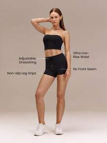 GLOWMODE Quần short FeatherFit™ Sunrise Stretch siêu cạp thấp, co giãn, có dây rút, chống trượt, rộng 2,5 inch, thích hợp cho yoga, pilates, tập luyện và mặc hàng ngày. - màu đen - Xem 2