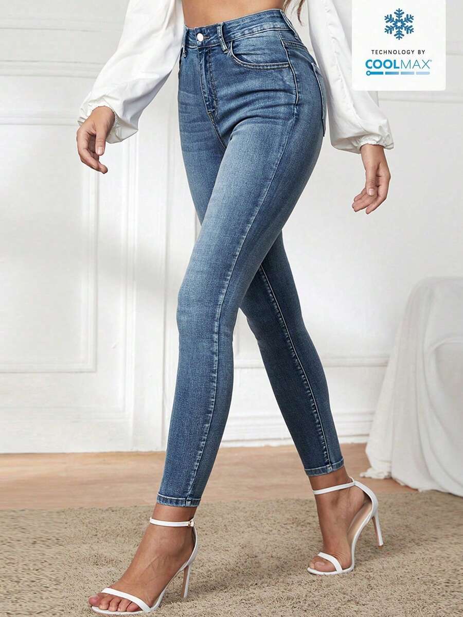 EMERY ROSE Women's High Waist Pocket Skinny Casual Versatile Denim Jeans - Medium Wash - View 1