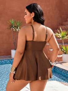 Swim Lushoire 2026 New Plus Size Women Summer Beach Vacation Spaghetti Strap Bikini, Solid Color & Leopard Print Patchwork Design - Coffee Brown - View 2