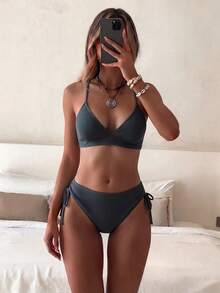 SHEIN Swim Bộ bikini tách biệt có nút thắt bên hông có họa tiết đi biển mùa hè dành cho nữ - Màu xanh bụi bặm - Xem 1