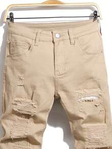 Manfinity Homme Plus Size Men's Casual Everyday Wear Distressed Pocket Button Design Denim Jeans - Apricot - View 3