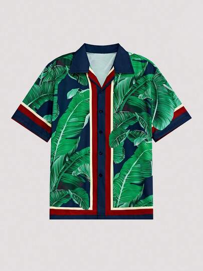 Open Phase 叶子印花休闲衬衫，简约时尚，成熟优雅，艺术设计，适合日常外出和度假，短袖，夏威夷风格，复古美式，男女皆宜，宽松版型夏季服装——适合日常穿着和夏季度假服装。