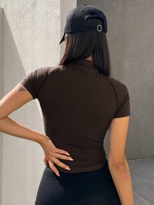 DAZY Women's Solid Color Raglan Short Sleeve Fitted Zip-Up Casual Sexy T-Shirt Summer Golf Pastal - Rust Brown - View 5