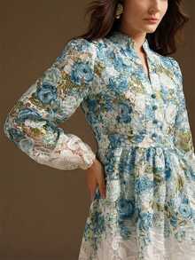 Anewsta Water-Soluble Embroidered Elegant Vacation Casual V-Neck Dress For Women Day Party White And Blue Floral Autumn - Blue - View 2