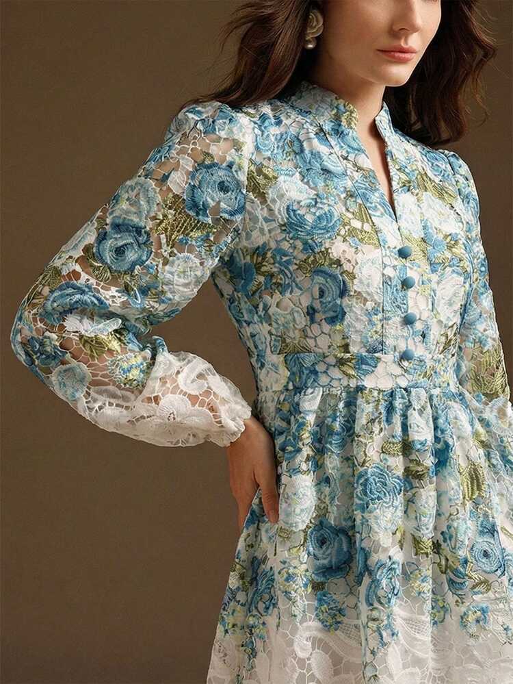 Water-Soluble Embroidered Elegant Vacation Casual V-Neck Dress For Women