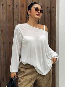Dazy Plus Atasan Tunik Longgar Model Batwing Ukuran Plus dengan Belahan di Bagian Bahu, Gaya Liburan, Wanita Ukuran Plus, Putih, Musim Semi/Panas - Putih - View 4
