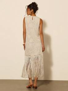 COSMINA Vestido casual de mujer con cuello redondo y dobladillo con flecos sin mangas, vestido de verano para vacaciones, vestido de verano esencial para mujeres, vestido de playa para vacaciones, vestido para conciertos, vestido especial con dobladillo con flecos, vestido color albaricoque, vestido bordado - Albaricoque - Ver 5