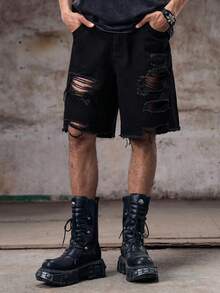 Skyrend Men Loose Fit Ripped Raw Hem Denim Shorts Distressed Design Jortsemo - Black - View 4