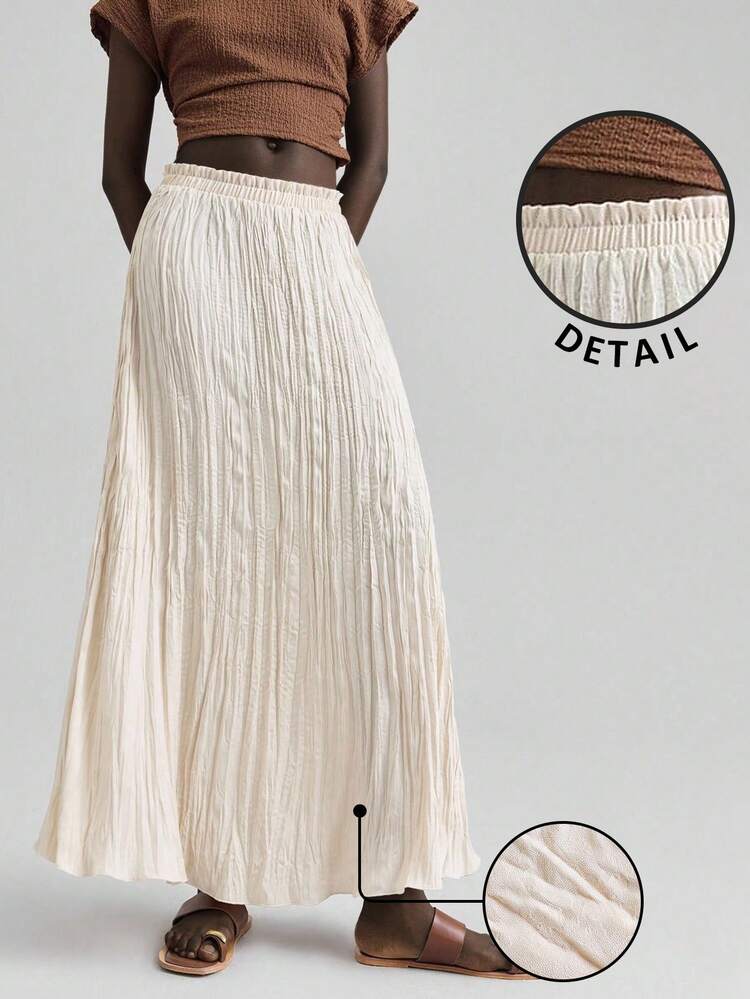 2026 New Spring/Summer Women's Apricot Skirt, Wrinkled Woven Fabric, Loose Fit, Long Length, Suitable For Valentine's Day, Wedding Season, Casual & Work Occasions, Versatile