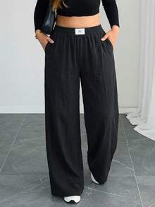 SHEIN Tall CURVE CURVE 大尺碼女款寬腿寬鬆長褲 黑色 秋季休閒 傳統高個女孩字母刺繡 高腰口袋 居家晚餐辦公 - 黑色 - 查看 7