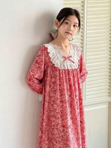 少女简约碎花V领长袖宽松休闲睡衣连衣裙，度假居家碎花长袖连衣裙 - 粉色 - 查看 5