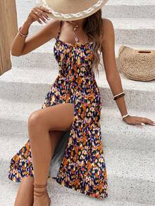 SHEIN Frenchy Đầm midi phong cách tối giản, họa tiết chấm bi trừu tượng màu tím và vàng, có đường xẻ tà, thích hợp cho kỳ nghỉ. - Nhiều màu - Xem 4