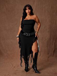 Rustia Đầm nữ cỡ lớn màu đen gợi cảm, không dây, xẻ tà bất đối xứng, kiểu dáng thường ngày. - màu đen - Xem 7