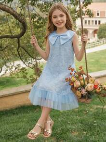 Back To School Elegant Sleeveless Floral Patterned Dress For Teen Girls - Blue - View 8