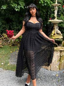 Lyrianda 春夏秋三季新款法式度假风优雅派对公主雪纺绒球波点胸罩泡泡短袖A字连衣裙，收腰显瘦长款正式女装，春季连衣裙长裙晚礼服生日礼服 - 黑色 - 查看 7