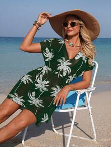 Swim Lushoire Áo khoác mùa hè mỏng nhẹ, cổ chữ V, tay ngắn, thắt eo. - Màu xanh lá cây đậm - Xem 6