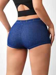 Flexra 女士纽扣休闲百搭日常牛仔短裤 - 藍色 - 查看 3