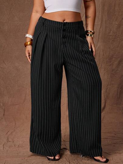 Rustia Plus Size Women's Black Striped Retro Vacation School Style Versatile Romantic Cute Button Front Pleated Wide Leg Elastic Waist Loose Casual Pants, Suit Pants, Regular Women's Pants, Versatile Wide Leg Pants, Suitable For Work Commute Spring, Singles Party, Commute, Casual, Girlfriend Gathering, Campus, Various Occasions, Casual, Business Casual, Outing, Academic Atmosphere, Party, Beach, Birthday, Back To School And More, Summer, Spring Women's Clothing, All Season Outfit