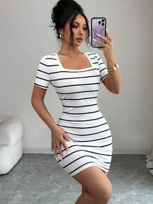 Elenzga Đầm hè mới cho nữ, trang phục đi nghỉ mát thường ngày, đầm dự tiệc, trang phục lễ hội năm 2026, đầm đi biển, đầm đi biển thanh lịch, đầm ôm dáng thường ngày, đầm chữ A tay ngắn kẻ sọc đen trắng cổ điển gợi cảm lãng mạn. - trắng - Xem 2