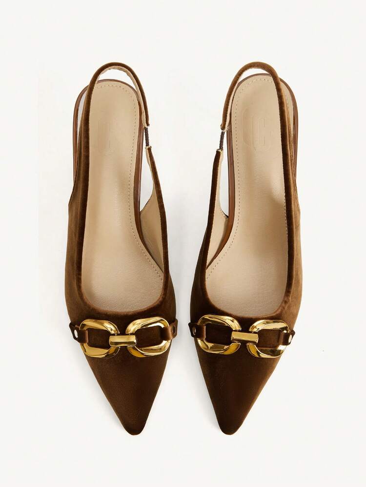 CUCCOO CHICEST Women Shoes Vintage Commuter Shoes Women's Caramel Brown Suede Metal Buckle Pointed Slingback Shoes